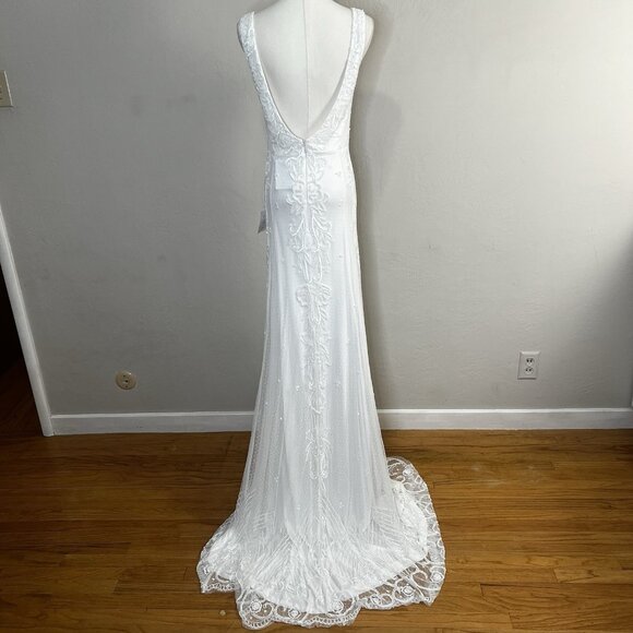LULUS Wedding Dress Medium Passionate Romance White Beaded Sequin Mermaid Maxi - Picture 6 of 12